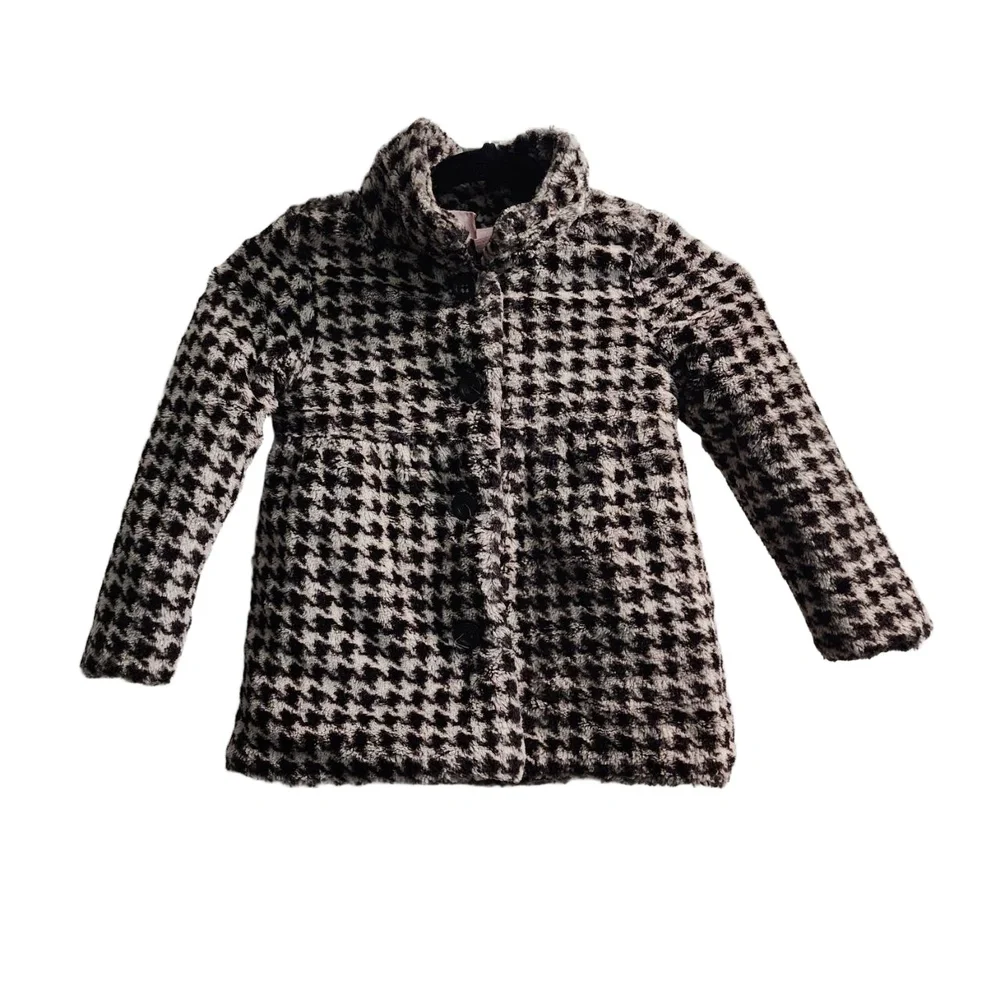 Nannette Girl Coat Womens Size‎ 5 Brown Houndstooth Overcoat Faux Fur Vintage